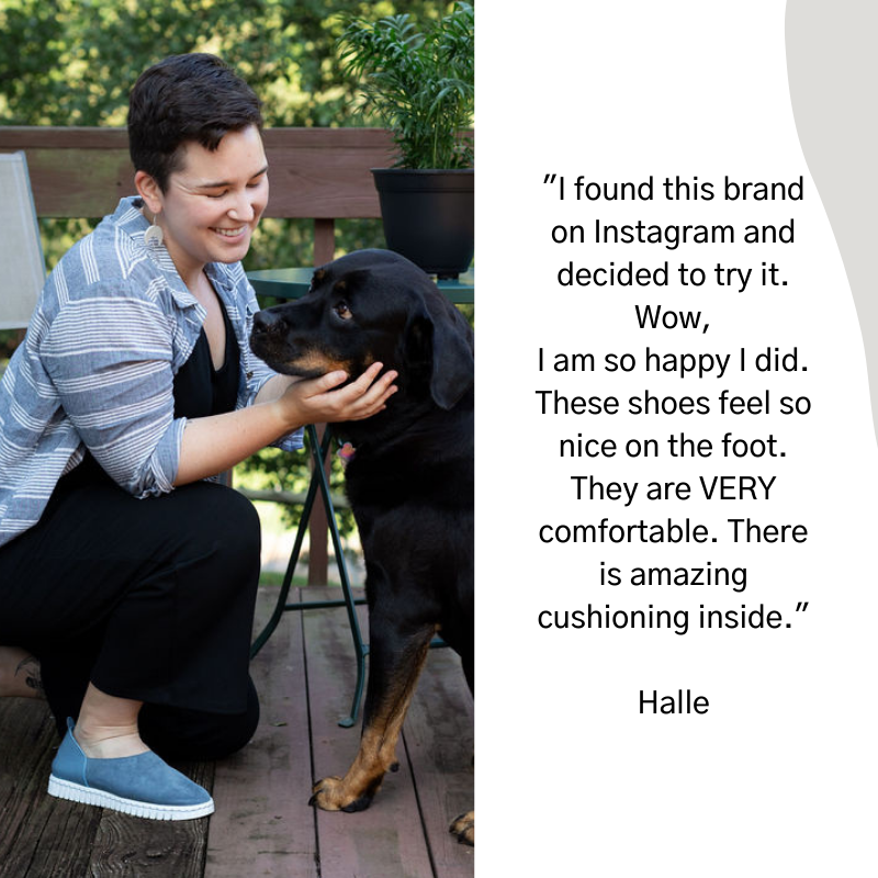 women with her rotweiler in her deck in a pair of stylish comfortable shoe