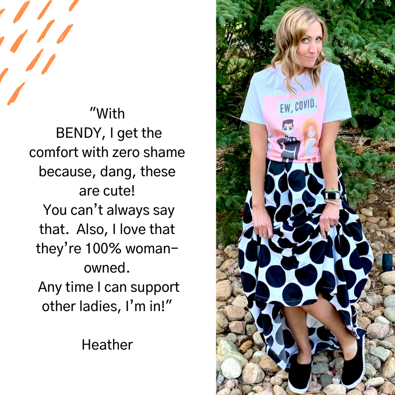 women in polka dot skirt wearing bendy with her shoe review