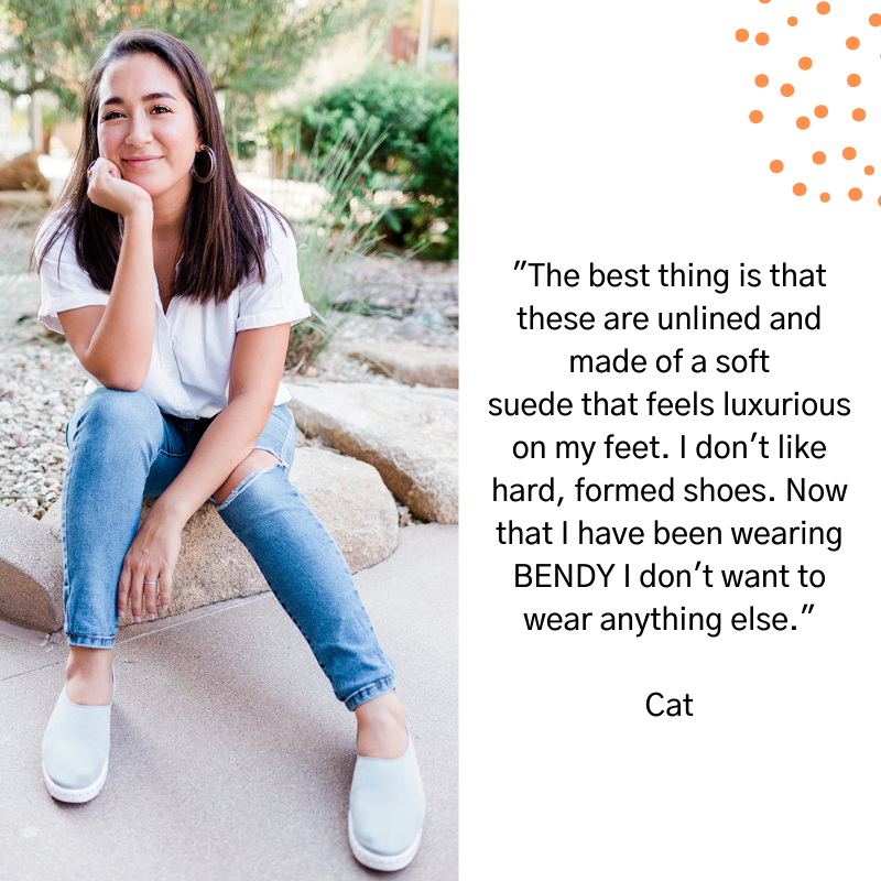stylish women sitting down with a quote on how comfortable her shoes are