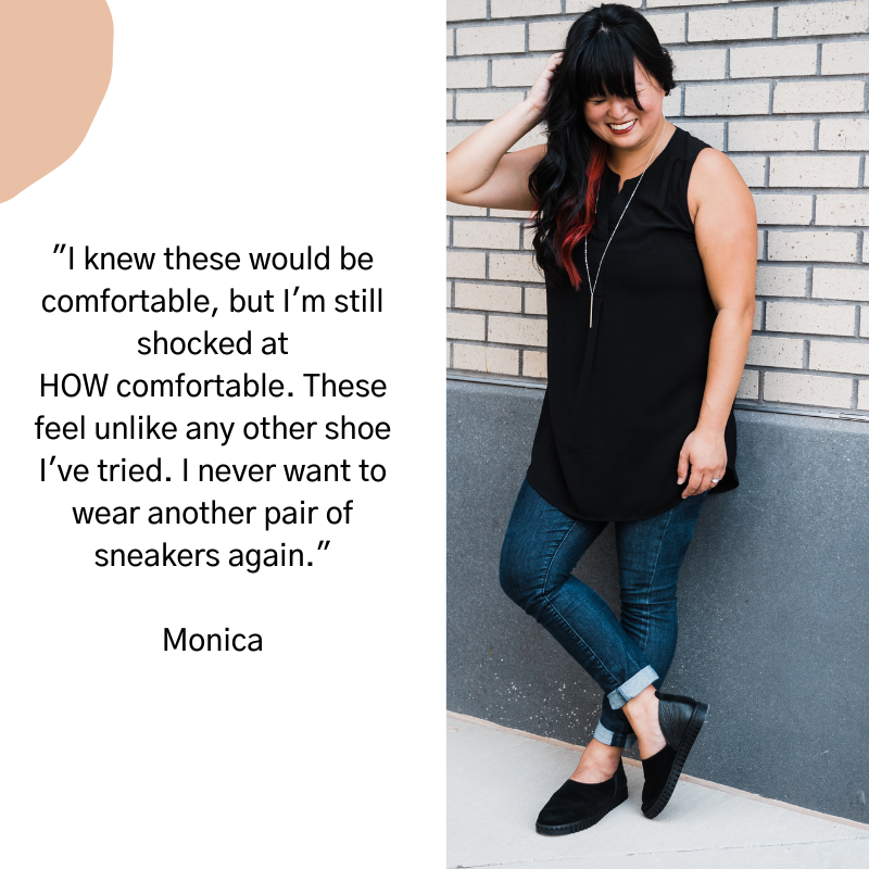 stylish women in cute comfortable shoe with a quote about how comfortable her shoes are